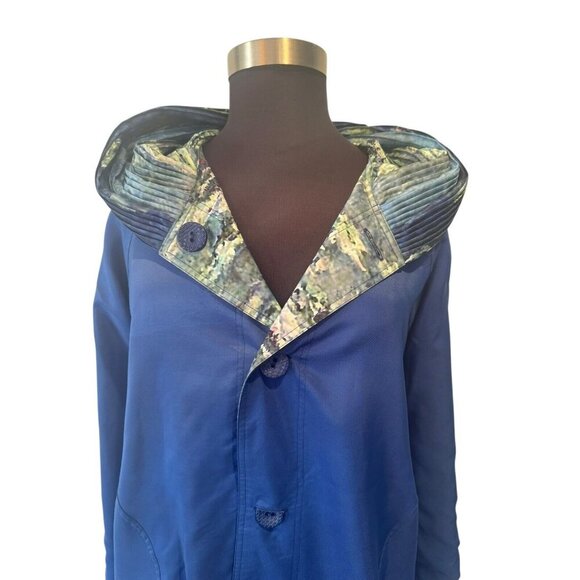 Hooded Rain Coat Blue Button Front Lightweight Jacket - Picture 3 of 14